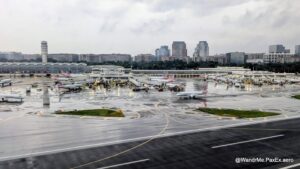 planes on a wet airport apron