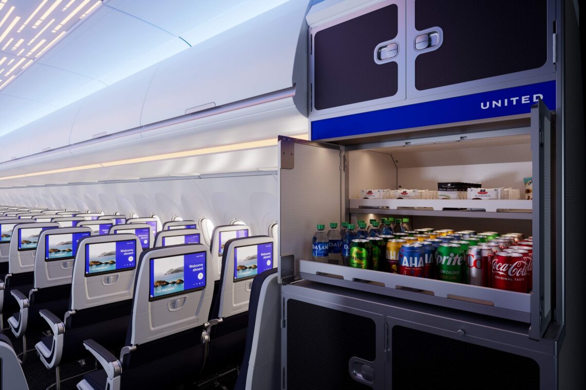 snack bar and sodas at the back of an airplane.