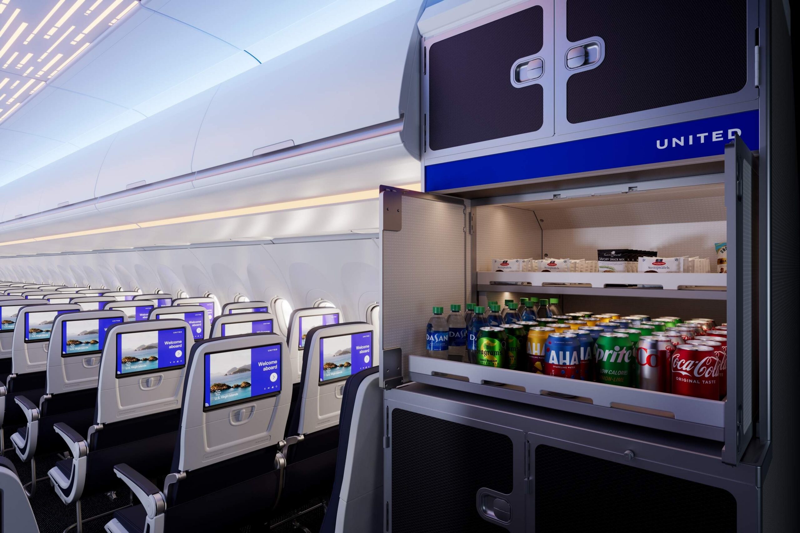 snack bar and sodas at the back of an airplane.